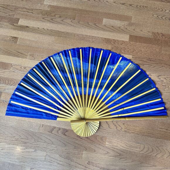 60 x 35 VTG Large Asian Fan Hanging Wall Décor HandPainted Village Mountain Lake - Picture 13 of 13